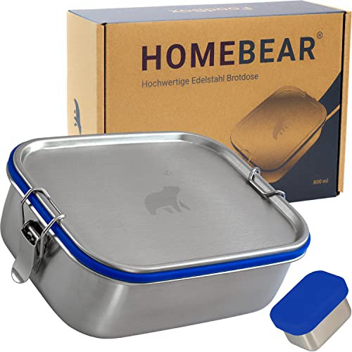 HOMEBEAR® Edelstahl Brotdose | Lunchbox für Kinder | 800 ml | Set mit Box für Dips 65 ml | Verschiebbare Trennwand | Auslaufsicher und Plastikfrei | Brotbox Jausenbox