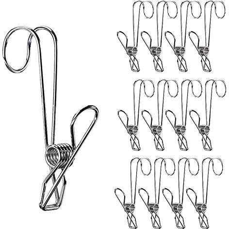 Mianyang Lot de 12 pinces à linge universelles en acier inoxydable avec crochets pour bureau, cuisine et salle de bain