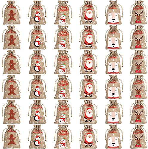 Belle Vous Stoffbeutel mit Zugband Weihnachten (36Stk) - Jutesäckchen 6 Motive Pinguin, Schneemann, Rentier, Lebkuchenmann, Eisbär - Umweltfreundliche Kleine Säckchen zum Befüllen Adventskalender
