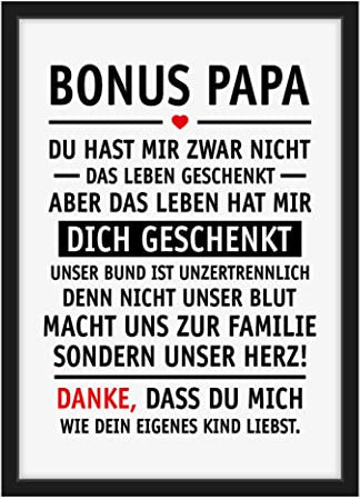 Bonus Papa Geschenk Stiefpapa Stiefvater Geschenkidee Vatertag Geburtstagsgeschenk Bonuspapa Geburtstag Danke sagen Spruch Poster Bild mit Holz Rahmen A4, Schwarz