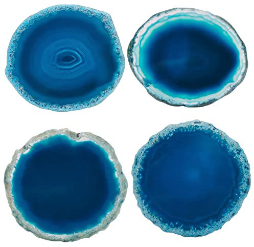 BENECREAT 4pcs Petits Sous-Verres en Agate Bleue, Tapis de Tasse en Agate Tranché Teinté Rond de 6-7.5 cm Boit des Dessous de Verre en Pierre pour Décor de Dessous de Verre (5.5 mm D'Épaisseur)