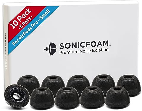 SONICFOAM Cuscinetti per Auricolari in Memory Foam - Isolamento Acustico Premium, Cuscinetti per Auricolari in Schiuma di Ricambio, Confezione da 10 per Airpods Pro (SFAIR Piccoli, Nero)
