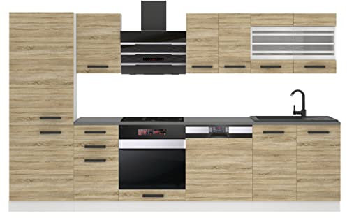 Belini Küchenzeile Küchenblock Cindy - Küchenmöbel 300 cm Einbauküche Vollausstattung ohne Elektrogeräten mit Hängeschränke und Unterschränke, ohne Arbeitsplatten, Sonoma-Eiche