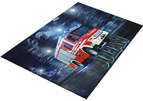 timalo® Feuerwehr Kinderzimmer Teppich mit Namen | Personalisierbarer Kinderteppich Dekoration individuelle Kinder Fußmatte drucken Lassen | carpet-kind-a-140x90-14-Feuerwehrauto
