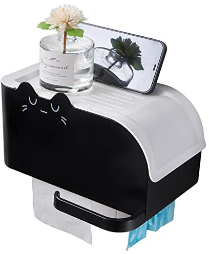 Black Holder Self Adhesive Toilet Paper Holders Plastic Cat Shape Toilet Roll Holder Waterproof Cat Dog Proof Roll Paper Holder for Bathroom -black