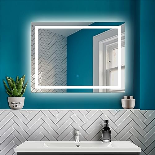 HAPAOSO Miroir de Salle de Bain 80x60cm avec éclairage LED Miroir Mural Horizontal et Vertical + avec Anti-buée + contrôle Tactile (lumière Blanche Froide 6000k)