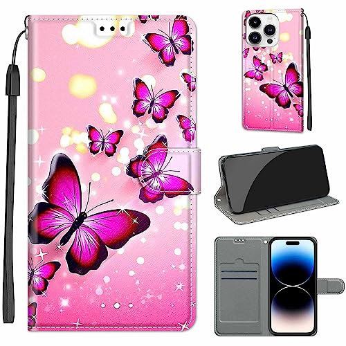 for iPhone 14 Pro (6.1) 2022 5G Case, PU Leather Wallet Book Flip Folio Stand View Cover Pouch Compatible with iPhone 14 Pro Phone Case (Pink Butterfly)