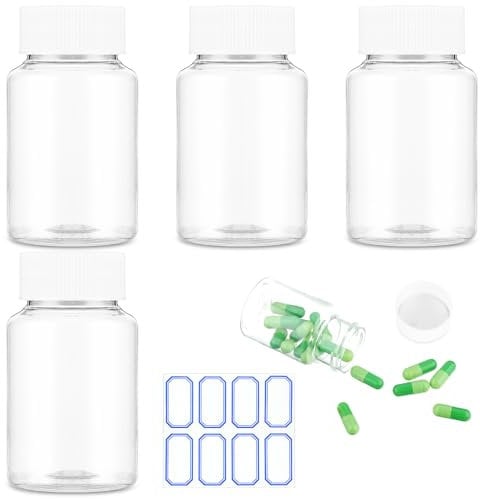 WLLHYF 30ml Empty Clear Plastic Pill Bottles 4Pcs - Clear Medicine Bottles with Caps for Liquid, Solid, Powder