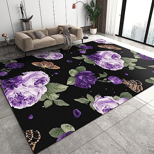 Tepiche Moderne, Schwarze Botanische Rosen In Rosa Und Lila Wohnzimmer Teppich, 80 X 120 cm Kurzflor Teppich,Teppiche Für Kinder,Waschbarer Teppich,Geeignet Für Wohnzimmer Schlafzimmer 3D Teppich
