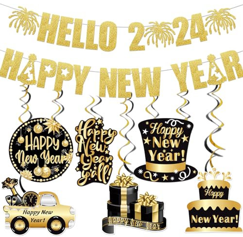 Gold Glitter Hello 2024 Happy New Year Banner Silvester Party Hängender Wirbel 2024 für Happy New Year Dekorationen 2024 Happy New Years Eve Party Dekorationen