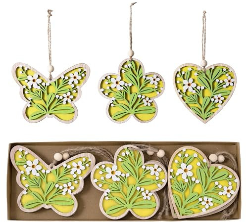 Valery Madelyn 6X Dekoaufhänger Ostern, 9cm Frühlingsdeko Blumendeko Anhänger hölzerne Baumschmuck Sommer deko zum hängen, Schmetterlings-, Blumen- und Herzformen