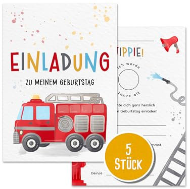 5er-Set Feuerwehr Einladungskarten Kindergeburtstag | DIN A6 | Handgemacht | Partyeinladungen | Party | Geburtstagsparty | Einladungen für Kinder, Jungs und Mädchen