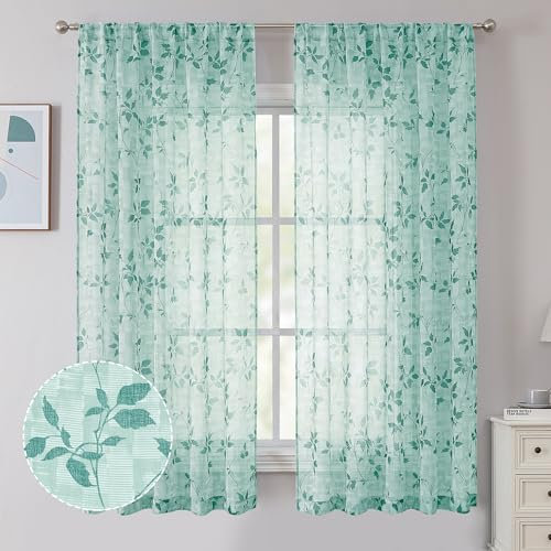 Tollpiz Transparente Vorhänge mit türkisfarbenen Blättern, gestreift, Blätterdruck, Wohnzimmer, kurze Vorhangstange, Voile, Fensterbehandlungen für Schlafzimmer, 96,5 x 114,3 cm lang, Set mit 2