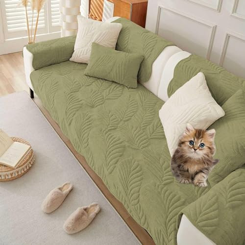 Furniture Cover Wear Resistant Non Slip Sofa Cover, Super Soft Velvet Quilted Sofa Couch Covers, Leaf Pattern Plush Sofa Cushion, Furniture Protector For Pets ( Color : Green , Size : 110*240CM/43*94I
