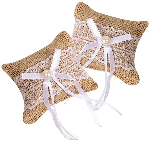 Gadpiparty 2st Sackleinen-ringkissen Perlenringkissen Ringträger Ringhalter Für Die Hochzeitszeremonie Rustikales Ringkissen Hochzeit Dekorativ Retro-Geschenke Krawatte Spitze Dekorationen