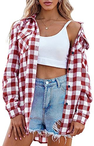 Zeagoo Karierte Hemd Damen Langarm Trachtenbluse Baumwolle Karohemd 3/4 Ärmeln Oktoberfest Hemdbluse V-Ausschnitt Bluse Holzfällerhemd Casual Oberteil mit Knopfleiste A-Weinrot XL