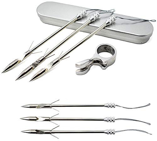 Runzkzy Edelstahl Schleuder Fischerei Pfeil Bogenschießen, 1 Ring, 1 Box für Fischschießen, 6 Fisch Fischerei Pfeile, Fischschießen Darts, Finger Ring Launcher Silber (Paket A)