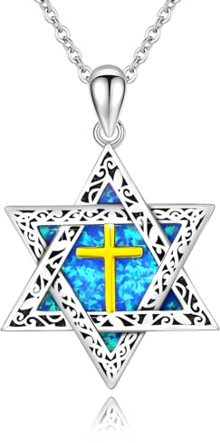 ABIGY Davidstern Kette mit Kreuz 925 Sterling Silber Opal Anhänger Hexagramm Davidstern Kette Jüdischen Hexagramm Amulett Schmuck Geschenke für Damen Männer