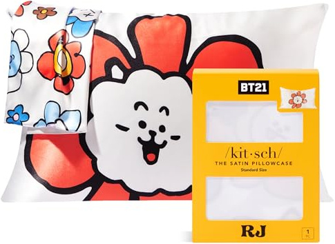 BT21 x Kitsch Satin Pillowcase with Zipper Closure, Softer Than Mulberry Silk Pillow Cases Standard Size 1 Pack, Smooth Cooling Pillow Covers Queen for Hair, Skin Health & Beauty Sleep (19x26 in, RJ)
