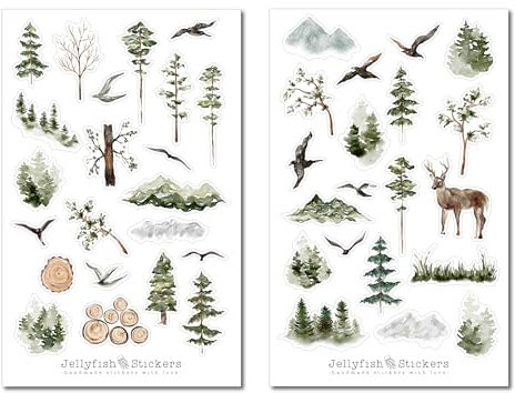 Wald Sticker Set - Journal Sticker, Planer Sticker, Aufkleber Natur, Berge, Wandern, Camping, Urlaub, Nebel, Vögel, Aquarell, Reh, Hirsch