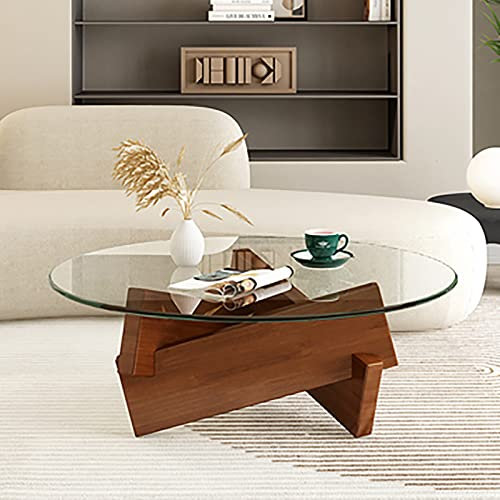 Table Basse Moderne Table Basse Ronde Table d'extrémité en Verre épaissi avec Base en Bois Table Centrale Table Basse en Verre (Clair-Noir-Diamètre 31,5 Pouces)