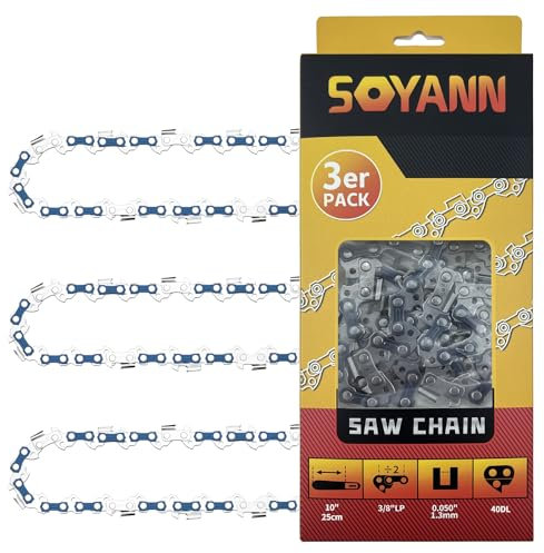 3 x Catena per Motosega 10Pollici (25cm), 40 Maglie, Passo 3/8, Spessore 0.050 (1,3mm), Catena di Ricambio per Motosega, Catena per Motosega Basso Rimbalzo per Bosch, Einhell, Dolmar, Black & Decker