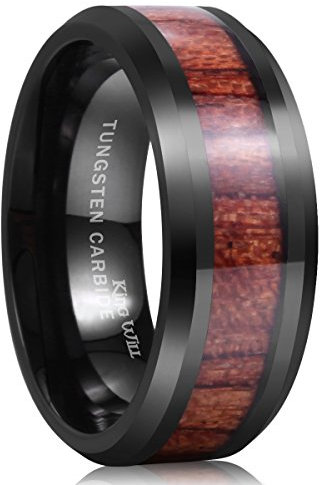 King Will Nature 8mm Black Tungsten Carbide Ring Wood Inlay Wedding Band High Polished Finish Comfort Fit S(9.5)
