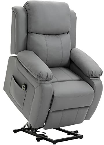 HOMCOM Poltrona Elettrica Alzapersona Reclinabile 160°, Poltrona Relax Elettrica in Pelle PU con Telecomando, Poggiapiedi e 2 Tasche Laterali per Soggiorno, Grigio