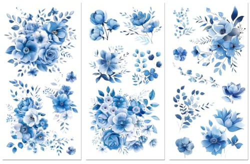 Peacoblue UV DTF Rub-On Transferfolie Möbel-Sticker Blaue Blumen Muster 15x30cm, 3 Stk. Wasserfeste Deko-Transferaufkleber für Möbel Glas Gläser Porzellan Wäscheschränke Kommoden Holz Kunststoff