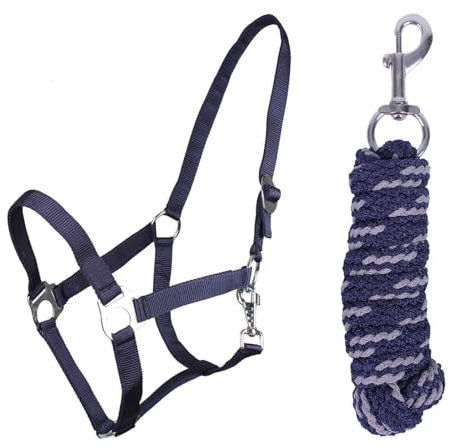 ARBO-INOX Halfter Set Beginner de lux - Halfter + Führstrick - graue Akzente - verstellbar (Full Warmblut, Blau)