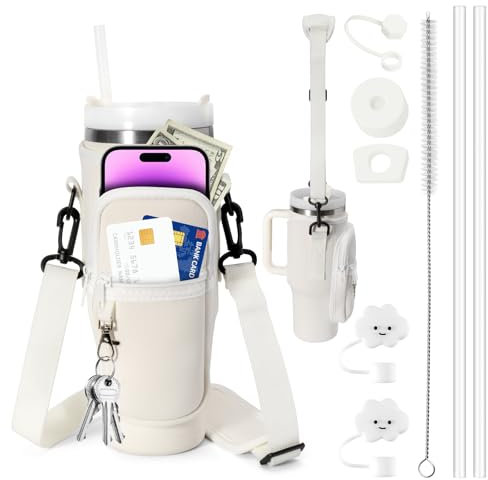 LUOJINYI Wasserflaschenhalter Tasche für Stanley Tumbler, Stanley Cup Tasche, Stanley Cup Zubehör mit Riemen und Telefontasche, Strohzubehör & Auslaufsicheres Zubehör und Karabinerhaken(Cream Weiß)