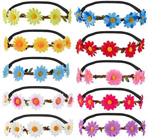 Stirnband Blumen, Mehrfarbig Damen Mädchen Blume Krone Floral Garland Stirnbänder mit Elastischem Band für Party Urlaub Festival Hochzeit 10 Stück