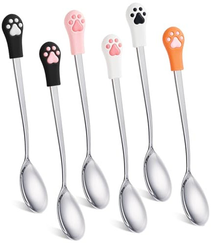 Jeffdad 6 Stück Katzen Löffel Edelstahl, Katzenpfotenschaufel Katzenlöffel Hundelöffel Haustier Futter Löffel, Paw Cat Can Spoon Fütterungslöffel Langer Griff Futterlöffel für Haustiere