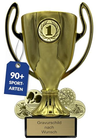 pokal-fabrik.de - Pokal mit Gravur Wunschtext in Gold, 20 cm - personalisierte Auszeichnung & Sport Emblem nach Wahl - inkl. Marmorsockel - Geschenk-Trophäe - Pokal Kinder