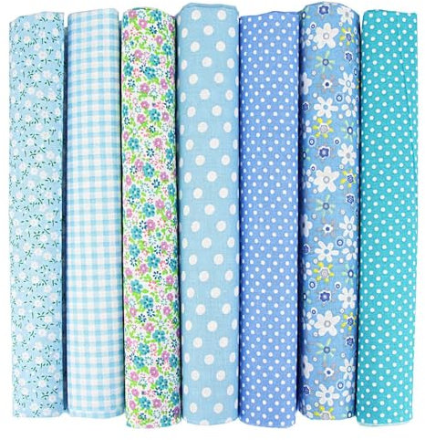 7er Set Baumwollstoff 50x50cm – Stoffe zum Nähen, Patchwork Stoffe, Stoffreste – DIY Stoff für Basteln, Quilten, Deko & Puppenkleidung – 100 % Baumwolle, Verschiedene Designs (Blau, 50x50cm)