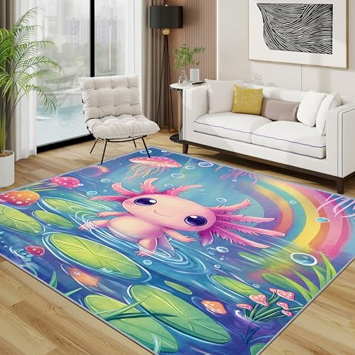 TerroVee Axolotl Teppich, Rosa Süß Fantasy Tiere Kinderzimmer Teppich Eingang, Regenbogen Unterwasser Quallen Kurzflor Waschbar Antirutsch Klein Teppiche, 50x80 cm, Rosa Blau