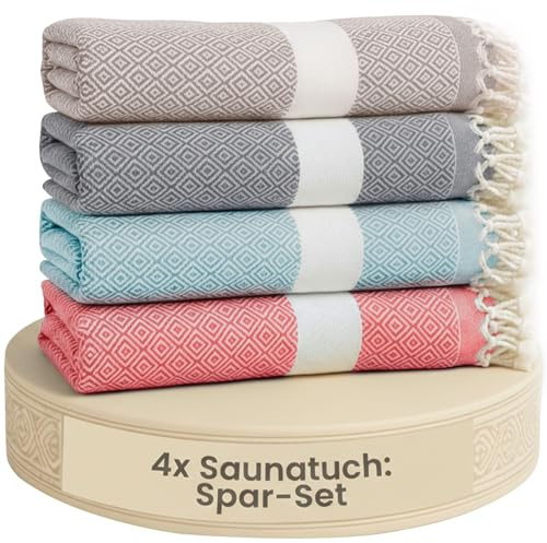 Flora Furora Saunahandtuch Saunatuch 4er Set, Hamamtuch groß 100x200 XXL: lang, platzsparend, leicht | Sauna Handtuch Damen + Herren, Wellness Spa Tuch Saunakilt Zubehör | Fouta Hamam Badetuch groß