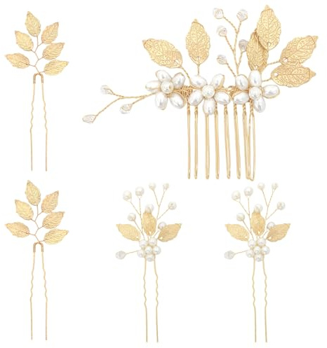 DIPZO 5pcs Accesorios para el cabello dorados, Elegantes horquillas para bodas, Clips de novia con diseño de perlas para damas de honor, novias, fiestas y peinados recogidos