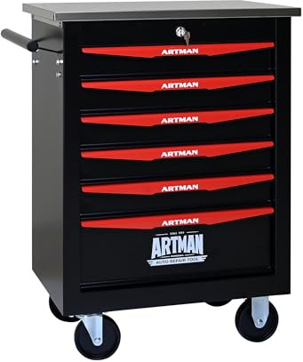FammyLoft Werkzeugwagen mit Rädern, Rolling Werkzeugkoffer mit 6 Schubladen, Metall Werkzeugkiste für Garage, Workshop, Warehouse, Reparaturwerkstatt, Werkzeugtrolley mit Edelstahldach, Schwarz