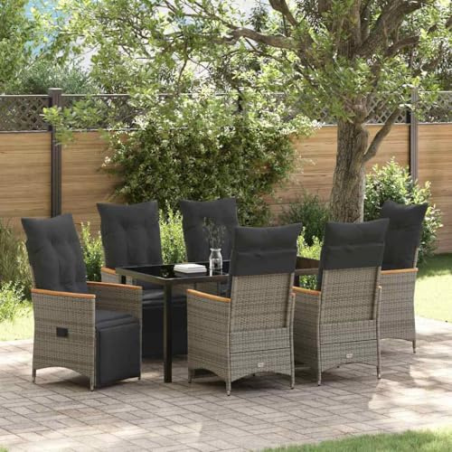 Kaloriko Garten Essgruppe mit Kissen, 7-teilig, Grau Poly-Rattan, wetterfest, für Terrasse, Balkon, Essbereich im Freien, 6 Personen