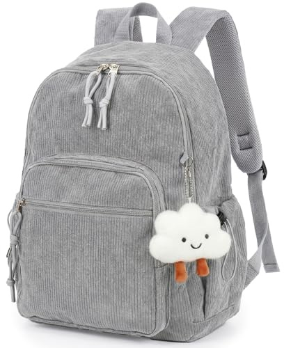 Aulenge Rucksack Damen Cord Cityrucksack Rucksäcke Leichter Damenrucksack | Cordstoff, Großes Fassungsvermögen, Verstellbarer Schulterriemen, Casual-Stil ,für Schule Travel Arbeit ,Grau