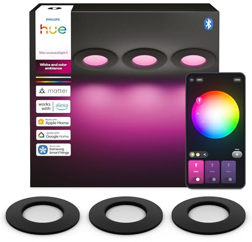 Philips Hue Slim Downlight, LED-Deckenleuchte, 1.000 lm, 90 mm, Schlankes Design, Vollspektrum-Tageslicht 1.000–20.000 K, Extrem Stufenlos Dimmbar, Präzise Farbe, Smart Lighting, Schwarz, 3er-Pack