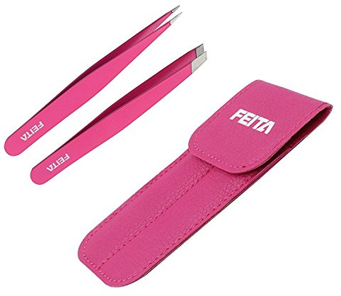 Precision Tweezers for Eyebrows - FEITA Professional Stainless Steel Slant & Pointed Eyebrow Tweezer Set with Travel Case for Woman Facial Hair Removal Clip (Pink - 2 Pcs)