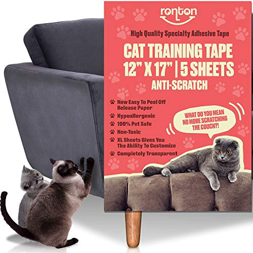 Ronton Kratzabschreckungsband für Katzen, 30,5 x 43,2 cm, Anti-Kratz-Klebeband für Katzen, 5 Blatt, 100 % transparentes, doppelseitiges Trainingsband, Haustier- und kindersicher, Möbel, Couch,