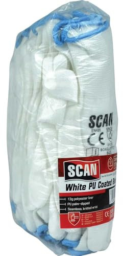 Scan SCAGLOPUW12L White PU Coated Gloves - Size 9 (12 Pairs)