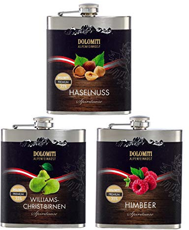 DOLOMITI Flachmann 3er Set – Haselnuss, Williams, Himbeer – Premium Spirituosen 35% vol. – Edelstahl-Flachmänner à 0,2 L – fruchtig & mild – wiederbefüllbar – Geschenkidee aus Österreich