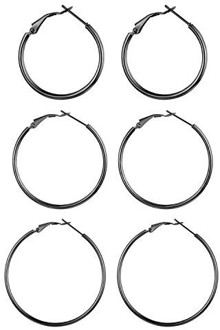 Flongo Damen Groß Ohrringe 3 Paar Set Gestüt Reifen Huggie Ohrringe Creolen Schwarz große Runden Poliert Chic Elegant Damen Frauen