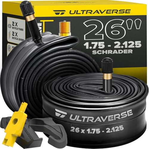 Ultraverse 26 Bike Inner Tubes 26 x 1.75, 1.95, 2.10, 2.125 – Butyl Rubber Bicycle Tubes with Schrader Valve – Compatible with Mountain, Cruiser, City & Kids Bikes – Set of 2