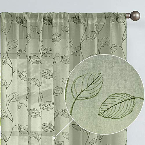TOPICK Sheer Vorhang Voile Stangedurchzug Blätter Stickerei Gardine lichtdurchlässig Grün Blatt Vorhänge Gaze Paarig für Wohnzimmer Schlafzimmer H245xB140H(cm) 2er Set