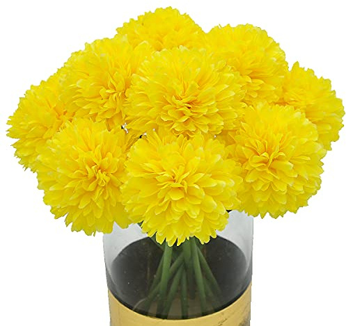Blooming Paradise Künstliche Kunstblumen, Seide, Chrysanthemen, Kugel, Hortensien, Arrangements, Hochzeitssträuße, Dekoration, Zuhause, Küche, Garten, Party, Tisch, Blumen-Mittelstücke, DIY, Gelb, 10